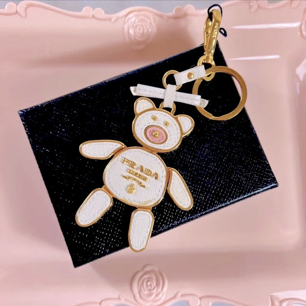|SOLD| Prada Rare Saffiano Leather White & Pink Bear Trick Bag Charm - Picture 1 of 11